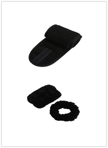 Three-piece black microfiber spa set including headband, scrunchie and absorbent wristband