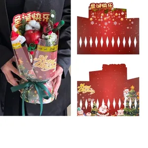 Red Merry Christmas bouquet wrapping card with festive Santa and Snowman illustrations