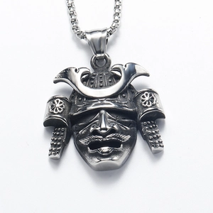Macro shot of retro punk warrior mask pendant with detailed silver-grey metal finish