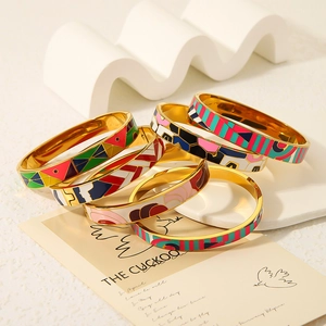 Retro 18k gold-plated enamel bangle set with vibrant colorful geometric patterns