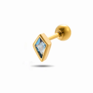 Golden cartilage stud earring with a diamond-shaped blue zircon and screw ball back