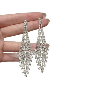 Elegant silver tassel earrings with sparkling rhinestones for women evening wear fashion