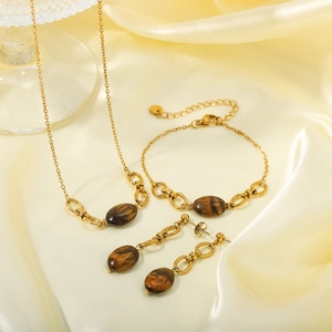 Vintage Tiger Eye Stone Necklace Bracelet And Earrings Women Stainless Steel 18K Gold Plated Jewelry Hypoallergenic