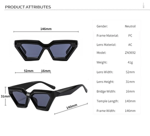 Detailed dimension guide for black geometric cat eye sunglasses with PC frame specs