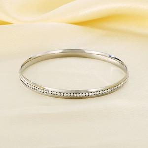 Macro shot of 5.5mm silver titanium steel bangle with pavé-set zircons on the side