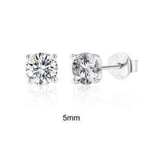 Macro shot of S925 sterling silver earring with 5mm round cut moissanite in 4-prong setting