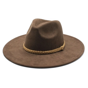 Classic British brown suede wide brim fedora hat with yellow braided band for unisex style