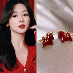Red Pegasus Horse Stud Earrings Alloy Drip Oil Enamel Animal Design With Silver Earring Post Fashion Jewelry For Women