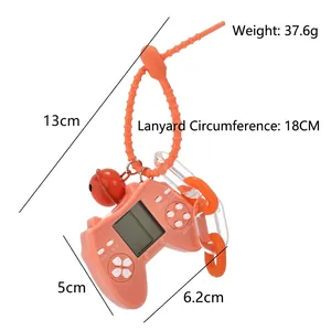 Mini orange Tetris game console keychain with dimensions 5x6.2cm and a red bell charm