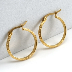 Minimalist 18K gold plated stainless steel hoop earrings with Greek fret pattern
