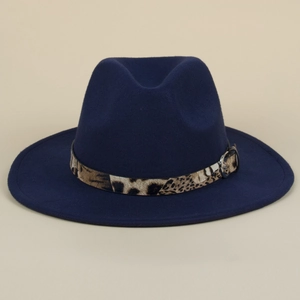 Close-up of navy blue wool fedora hat featuring a leopard print band and metal buckle