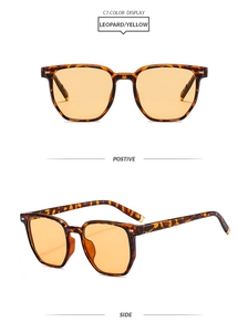 Vue détaillée de face et de côté de lunettes de soleil léopard avec verres jaunes clairs