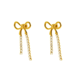 Elegant gold bow earrings with long sparkling rhinestone tassels on white background