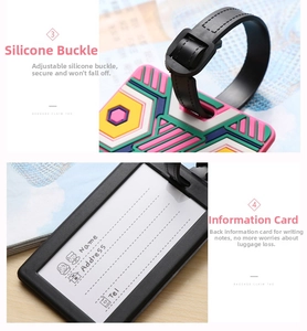 Detail of adjustable silicone strap and back info card on a colorful luggage tag