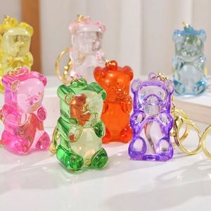 Cute Acrylic Jelly Bear Keychain Colorful Mini Bear Backpack Pendant Gold Chain Key Ring For Students Daily Decoration