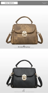 Detail view of stylish crossbody bags in brown and black with metallic lock closure