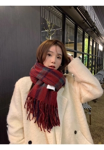Detail of red and blue plaid scarf with fringes styled with a white winter coat