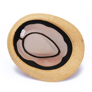 Light brown woven paper straw sun hat with flat top and interior sweatband detail