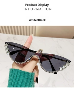 Detailed close-up of cat-eye sunglasses featuring oversized crystals and pavé diamonds
