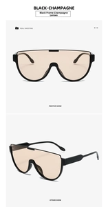 Front and side view of oversized black-champagne pilot sunglasses with shield lens
