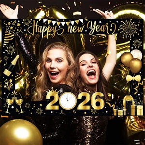 Women holding a Happy New Year 2026 photo frame prop with black and gold party balloons