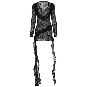 Vue détaillée de la robe mini en dentelle noire avec volants et longs rubans flottants