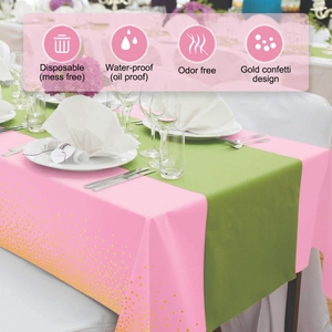 Pink and gold confetti disposable tablecloth with icons showing waterproof features