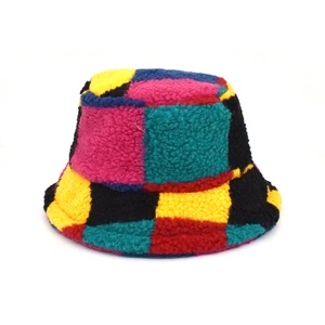 Bucket Hat Faux Lamb Wool Warm Thickened Colorblock Checkerboard Plush Winter Outdoor Fashion For Women Men