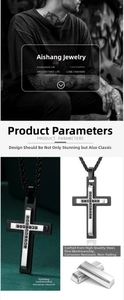 Detail of polished stainless steel cross pendant with black stone inlay and double-layer design