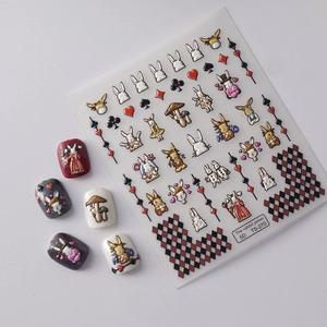 5D embossed nail art stickers featuring poker rabbits and mushrooms with 3D texture