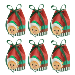 Set of 6 Christmas elf gift boxes in red and green with festive ribbons for candy packaging