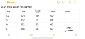 Size chart showing chest, shoulder and length measurements for sleeveless warm puffer vest