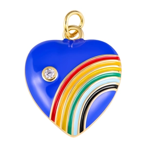 Blue enamel heart pendant with colorful stripes and zircon inlay on a gold frame