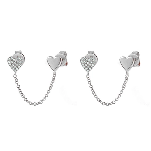 Orecchini a catena con cuore in argento e zirconi micro-intarsiati per doppi fori alle orecchie