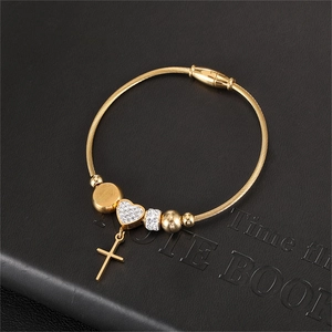Stainless Steel Cable Bangle Bracelet With Heart Cross Charms And Rhinestones For Women Fashion Religious Style