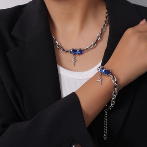 Hip hop titanium steel necklace and bracelet set with blue zircon pendants and crosses