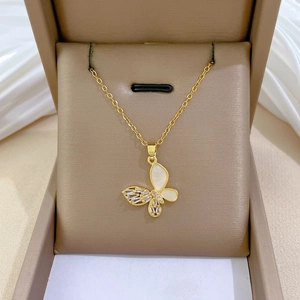 Butterfly Pendant Necklace Stainless Steel Chain Copper Mother Of Artificial Pearl Zircon Inlay Elegant Hollow Jewelry For Women