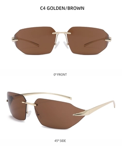 Front and side view of frameless geometric sunglasses with brown lenses and gold metal frame