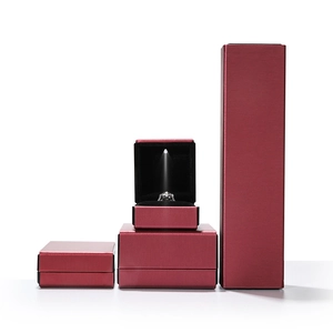 Red LED jewelry box set with lighted ring box and brushed leather finish cases