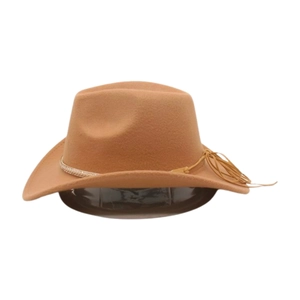 Detail of camel wool felt western cowboy hat with golden woven band and long tassels