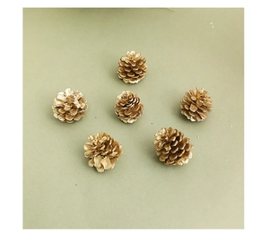 Detail view of six small decorative pine cones with metallic gold finish on green surface