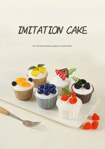 Macro shot of 6 assorted artificial fruit cupcakes with cream on a white ceramic plate