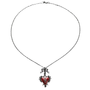 Gothic Y2K necklace with red heart, cross pendant, silver thorns, and bow on white background