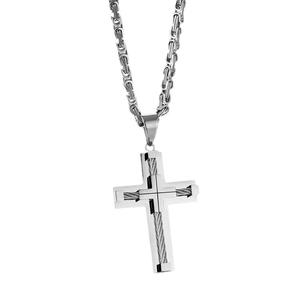 Pendentif croix en acier inoxydable poli avec chaîne byzantine pour homme