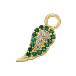 Macro shot of gold chili pepper pendant with sparkling green and white zircon stones