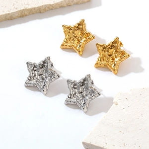 Star Stud Earrings Stainless Steel Irregular Hammered Texture Pentagram Vintage French Style Jewelry For Women