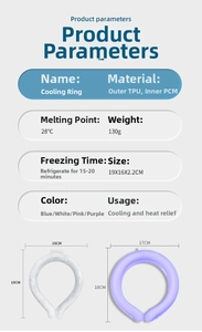 Size chart showing dimensions and PCM cooling neck ring specifications for summer