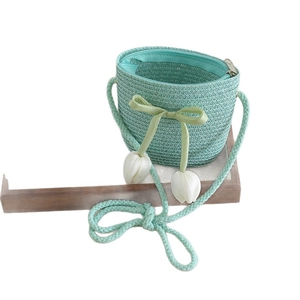 Mint green straw bucket bag with silk bow and tulip pendants for girls summer fashion
