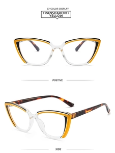 Detailed view of transparent yellow cat-eye glasses frame with tortoise shell temples