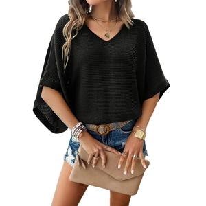 Pull en maille ajourée à manches courtes et col en V pour femme, style décontracté noir